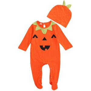 Pasgeboren Baby Meisjes Jongens Halloween Lange Mouwen Jumpsuit Herfst Mode Pompoen Ronde Hals Een Stuk Lange Broek En hoed