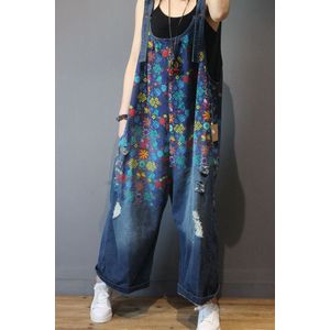 Vrouwen Denim Overalls Print Bloemen Vintage Plus Size Casual Ripped Gat Wijde Pijpen Jumpsuit Dames Jeans Romper