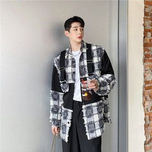 Stadium Kleding Mannen Kwastje Plaid Splice Lange Mouwen Casual Losse Shirt Mannelijke Streetwear Vintage Mode Overhemd