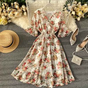 YuooMuoo Women Chiffon Dress Summer Flower Drawstring Flare Sleeve Dress Ladies Bohemian High Waist Midi Dress
