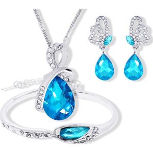 925 sterling zilveren ketting oorbellen armband, dames bruiloft Fijne sieraden set water druppels blue crystal hanger hart S0149