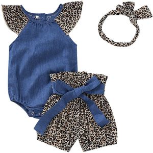 Zomer Leuke Pasgeboren Meisjes Kleding Sets Mode Peuter Kinderen Denim Bodysuits Tops + Luipaard Shorts + Hoofdband 3Pcs Outfits sets