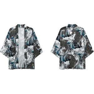 Gonthwid Japanse Stijl Karper Koi Vis Seawaves Print Kimono Vest Shirts Mens Casual Open Voorzijde Jassen Tops Uitloper
