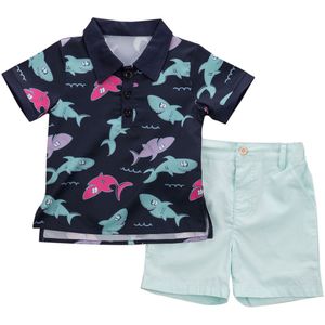 Pasgeboren Jongen Kinderen katoen casual Gentleman Korte Mouw Shark Tops Broek Shorts Trainingspak Outfit Set