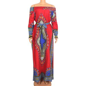 Mode Afrikaanse Dashiki Off Shoulder Lange Mouwen Blauw Katoen Afdrukken Lange Jurk