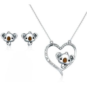 Bisaer Echt 925 Sterling Zilveren Sieraden Sets Koala Mom Liefde Hart Ketting Ringen Set Vrouwen Sieraden Set Zilver 925 sieraden