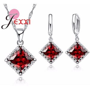 Top 925 Sterling Zilveren Sieraden Set Klassieke Vierkante Clear Zirconia Ketting Oorbellen Set Voor Vrouwen Bruiloft