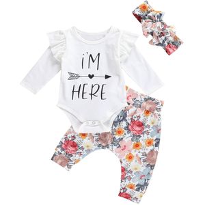 Pasgeboren Baby Meisjes Lente Herfst Kleding Sets Lange Mouw Brief Romper Bloemen Broek Hoofdband 3Pcs Outfits