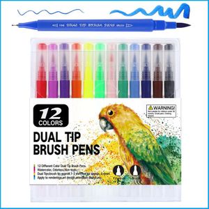 12 Stks/set Marker Pen Set Aquarel Pen Borstel Markers Dual Tip Fineliner Tekening Voor Bullet Journal Art Markers Kleuren Pennen