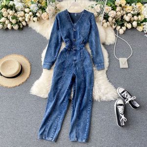 Amolapha Vrouwen Casual V-hals Single Button Lange Mouwen Denim Jeans Jumpsuit Rompertjes