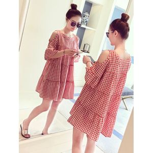 Zwangere Vrouwen Zomer Hoorn Korte Mouwen Plus Size Ruches Patchwork Katoen Moederschap Blouses Off Shoulder Plaid Kleding