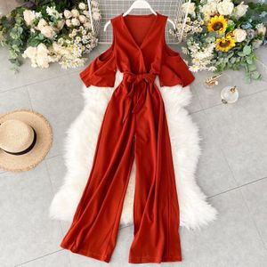 V-hals Off Shoulder Sexy Zomer Volledige Lengte Bandage Jumpsuit Sjerpen Casual Vrouwen Playsuit Strand Tie Romper