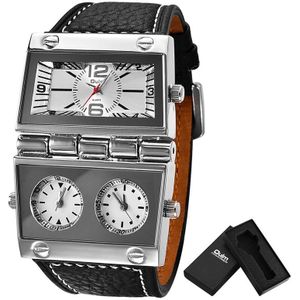 Mannen Dual Display Sport Horloges Oulm Mannen Horloge Vouw Grote Size Outdoor Klok Lederen Quartz Horloge Relogio Masculino
