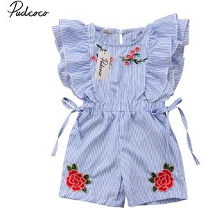 Peuter Baby Meisje Kleding Romper Korte Bloemblaadje Mouw Elastische Taille Bloemenprint Gestreepte Blue Lace Up Jumpsuits Bodysuits