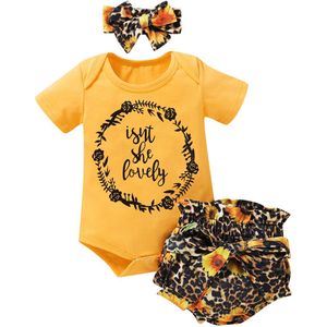 Peuter Baby Meisjes Mode 3 Stuk Outfit Set Korte Mouwen Brief Print Romper + Luipaard Shorts + Hoofdband set