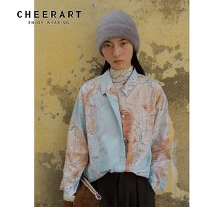 Cheerart Shirts Voor Vrouwen Top Katoen Kaart Print Vintage Blouse Met Lange Mouwen Button Up Shirt Lente Mode Kleding