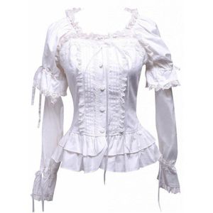 Ainclu Womens White Lace Lacy Vierkante Hals Lange Mouwen Ladylike Katoen Lolita Blouse XS-XXL Voor Verjaardag/Party