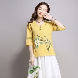 Laatste Vrouw Bloemen Gedrukt Chinese Top Zomer Casual Half Sleeve Split Blouse Nationale Chinese Stijl Tang Pak Voor Vrouwen