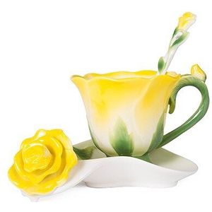 Beste 3D Rose Vorm Bloem Emaille Keramische Koffie Thee Kop En Schotel Lepel Hoogwaardig Porselein Cup Creatieve Valentijn