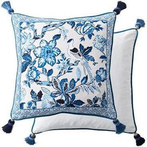 DUNXDECO Kussenhoes Decoratieve Kussensloop Vintage Chinese Stijl Blauw Wit Porselein Vogels Flora Coussin Art Kamer Decoreren