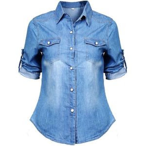 Retro Vrouwen Dames Casual Blauw Jean Denim Shirt Blouse Lange Mouwen Turn-Down Kraag Tops Blouse