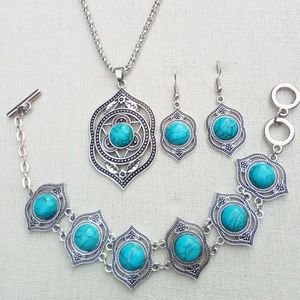 Turquoise Retro Nationale Stijl Sieraden Sets Hanger Oorbel Armband 925 Zilveren Ketting Mode Charme Amulet Voor Mannen Vrouwen