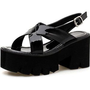 Gdgydh Lakleder Vrouwen Platform Sandalen Blok Hak Zwarte Zomer Schoenen Gothic Punk Schoenen Vrouw Terug Riem