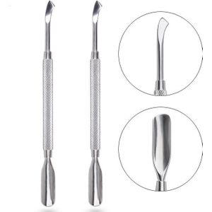 2Pcs Bold Rvs 2 Way Nail Cuticle Pusher Lepel Uv Gel Remover Pedicure Nail Art Equipment Manicure Schoon gereedschap