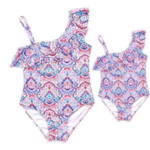 Beachwear Mum en Me Badpak Kinderen Een Stuk Monokini Een schouder Flounce Badpak voor Meisje en Vrouwen Badmode