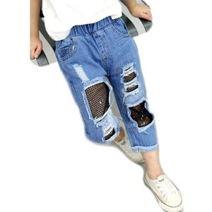 Meisjes Ripped Jeans Kinderen Lente Zomer Herfst Koreaanse Stijl Kleding Peuter Broek Kinderen Katoen Netten Bijgesneden Denim Broek