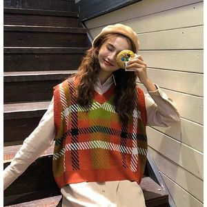 3 kleuren herfst en winter koreaanse stijl v-hals gebreide plaid mouwloos vest truien womens truien womens (X970)