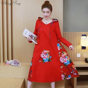 Chinese traditionele oosterse lange jurk geborduurde bloemen losse plus size oosterse grace vrouwen jurk in herfst V1130