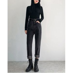 Mode Zwart Grijs Solid Jeans Voor Vrouw Street Wear Vintage Hoge Taille Denim Broek Vrouw Casual Jean Vrouwelijke Plus size
