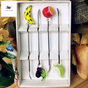 4 Stuks Creatieve Handgemaakte Miniatuur Glas Fruit Ornament Decoratieve Rvs Fruit Vorken Servies Feestartikelen