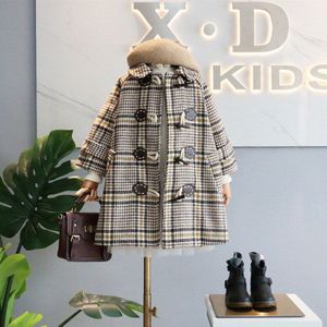 Herfst Retro Plaid Jas Voor Meisjes Kinderen Mode Katoen Dikke Warme En Medium Lange Wollen Jas Kinderen Jas voor Meisjes