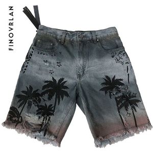 Mens Denim Shorts Regelmatige Hip Hop Knielengte Korte Gat Jeans Shorts Voor Mannen Zomer Hawaii Kokospalm print Shorts