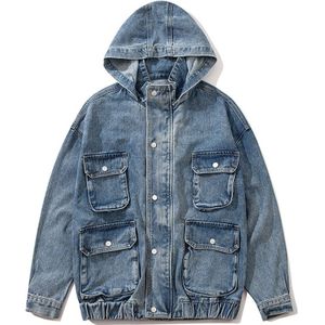 Denim Jassen Multi Pockets Streetwear Hiphop Mens Vintage Punk Rock Losse Cowboy Hooded Jeans Jacket Unisex Blauw Jassen Tops