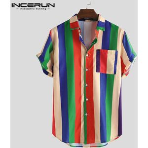 Zomer Kleurrijke Gestreepte Mannen Shirt Revers Streetwear Blouse Casual Loose Korte Mouw Hawaiian Beach Shirts Incerun