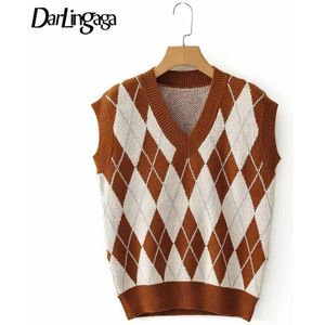 Darlingaga V-hals Vintage Bruin Argyle Plaid Knitwear Vrouw Truien Mode Y2k Herfst Truien Preppy Stijl 90S Trui Vest