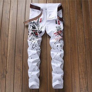 Stijlvolle heren olie geschilderd jeans swag rock stijl mannen witte jeans broek gedrukt wolf skinny stretch graffiti broek streetwear