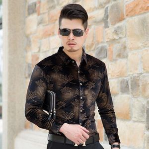 Herfst Mens Printing Patroon Lange Mouwen Goud Fluwelen Jurk Shirt