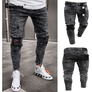 Garmenting Heren Jeans Demin Broek Zomer Mode Gat Gescheurd Broek Patchwork Rits Zakken Broek Mannelijke Skinny Broek