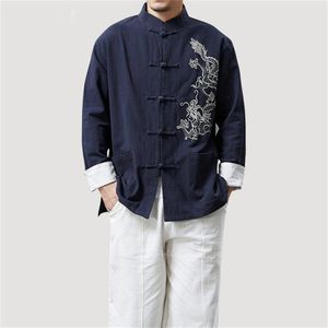 Chinese Hanfu Blouse Jas Traditionele Chinese Kleding Voor Mannen Emboridery Dragon Linnen Kungfu Shirt Top Tang Jaar Kleding