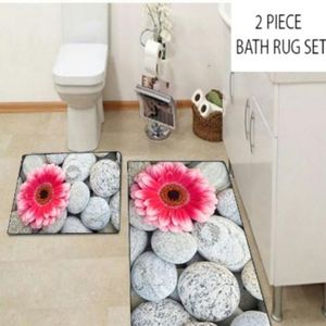 Anders Grote Roze Bloemen op Grijs Pebble Stenen 2 Pcs 3d Patroon Bad Matten Anti Slip Soft Wasbare Badkamer mat Wc Tapijten