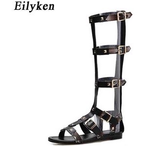 Eilyken Vrouwen Gladiator Snakeskin Graan Sandalen Klinknagel Rits Open Teen Gesp Platte Hak Sandalen Boot Vrouwen Lederen Schoenen