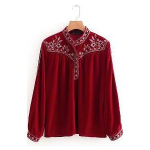 Vrouwen Vintage Stand Kraag Borduurwerk Fluwelen Toevallige Kiel Blouse Shirt Vrouwen Pleats Chic Blusas Kimono Femininas Tops LS2658