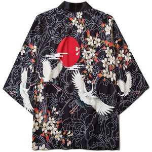 Mannen Witte Kraan Gedrukt Japanse Stijl Half Mouw Dunne Kimono Jassen Streetwear Hiphop Mannelijke Losse Toevallige Vest Bovenkleding