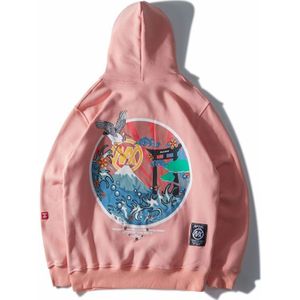 GONTHWID Japanse Geborduurde Kranen Fleece Hoodies Streetwear Mannen Vrouwen Hip Hop Casual Sweatshirt Roze Naby Blauw