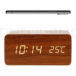Moderne Thuis Houten Hout Digitale Led Desk Wekker Thermometer Qi Draadloze Oplader Voor Iphone