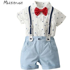 Zomer Gentleman Baby Baby Jongens Kleding Sets Print Korte Mouw Single Breasted Shirts Tops Bib Overalls Shorts Maat 1-5Y